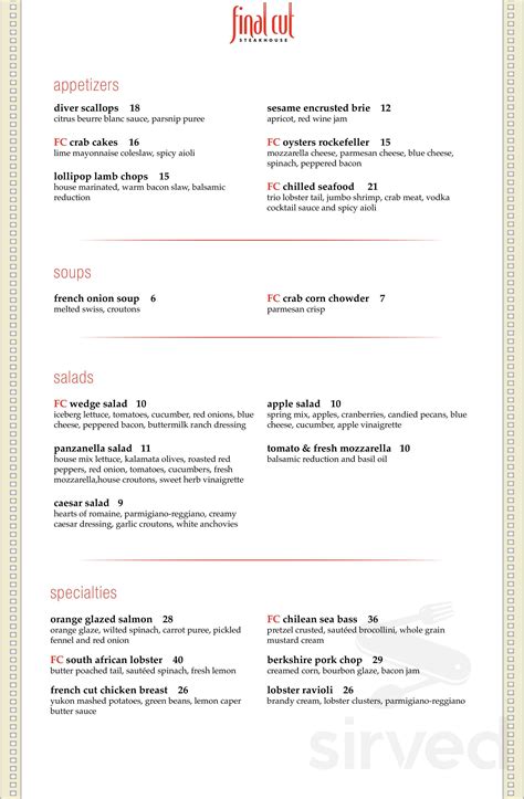 Hollywood Casino Joliet Final Cut Menu